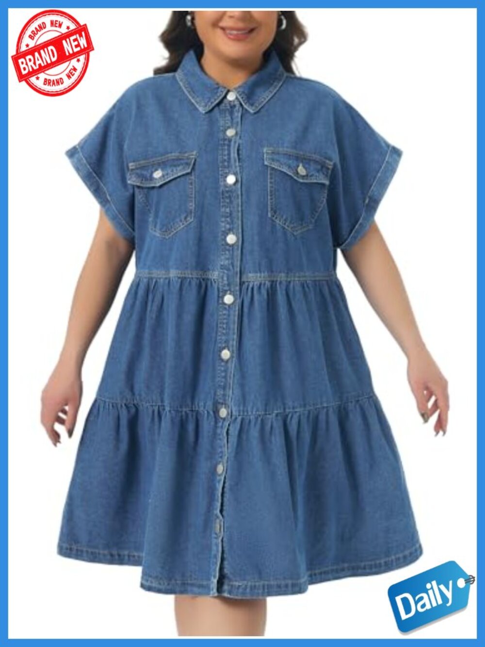 Plus Size Denim Babydoll Dress Women Button Down Short Sleeve Tiered Pockets